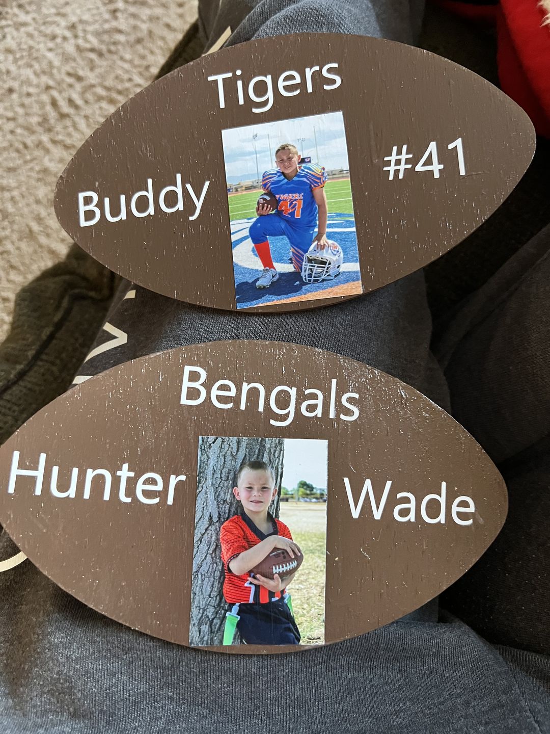 Customer photo review of Unfinished Wooden Football Shape - NFL - Craft - up to 24"