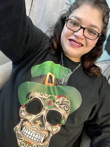 Customer photo review of St. Patrick's Chingon Calavera Long Sleeve T-Shirt