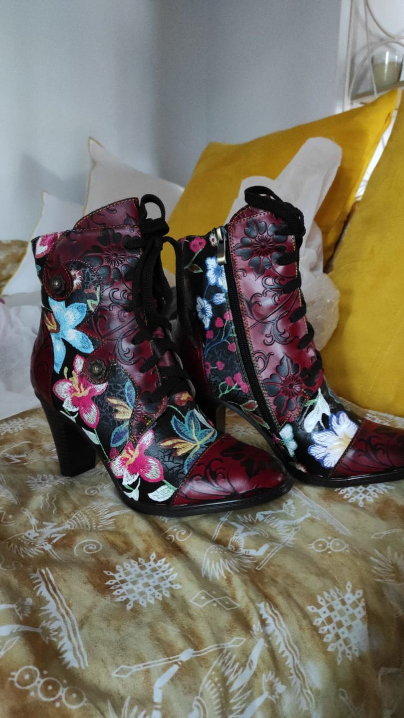 Customer photo review of Leather Hand Embossed Adjustable High Heel Boots