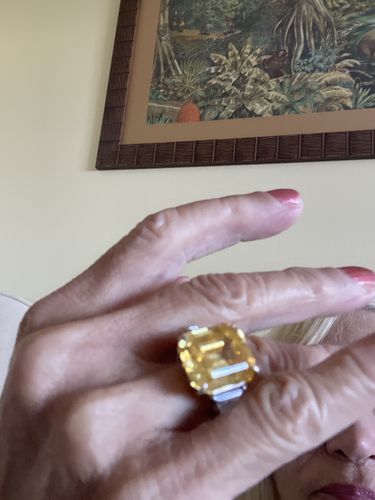 Customer photo review of Louily Asscher & Trillion Cut Yellow Sapphire Three Stone Engagement Ring