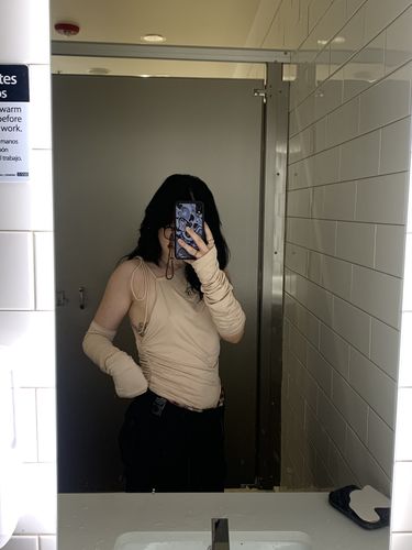 Customer photo review of Asymmetrical Neck Ruched Long Sleeve Top