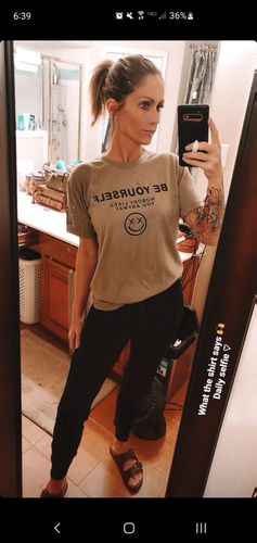 Customer photo review of Salty Savage™ Unisex “BE YOURSELF, NOBODY LIKES YOU ANWAY” Tee | Olive/Black