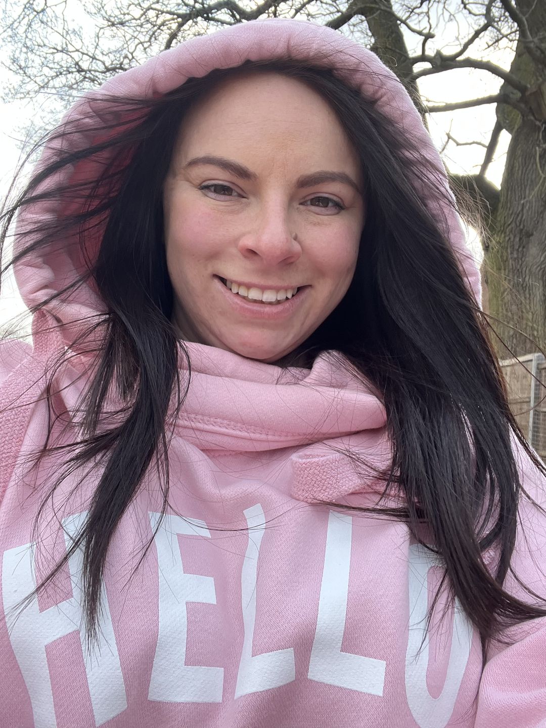 Customer photo review of Pink Hello Cowl Neck Hoodie