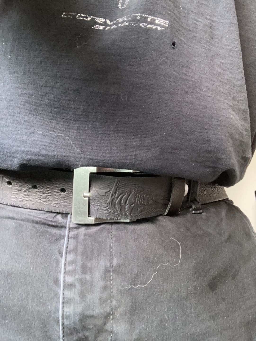 Customer photo review of The Wildlife Belt - Black Embossed Full Grain Leather Belt Made in Canada
