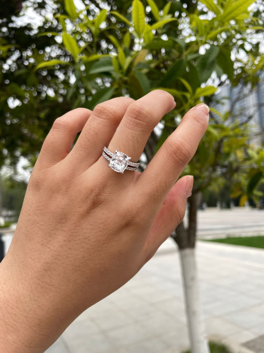 Customer photo review of S925 Classic 3.0 Carat Cushion Cut White Sapphire Wedding Set In Sterling Silver