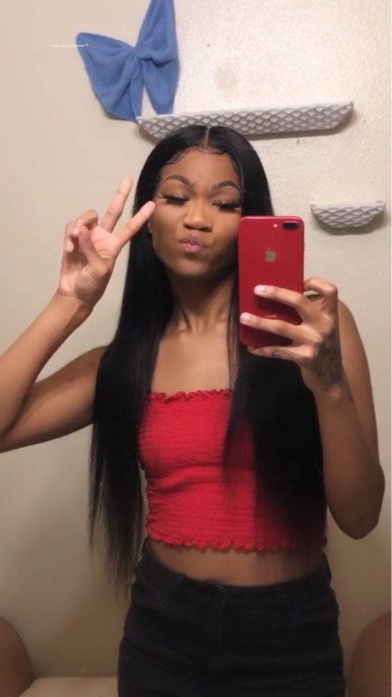 Customer photo review of Wavymy Beginner Friendly Straight V Part Wig No Glue No Sew No Gel Human Hair Wig 180 Density Thin Part Wig