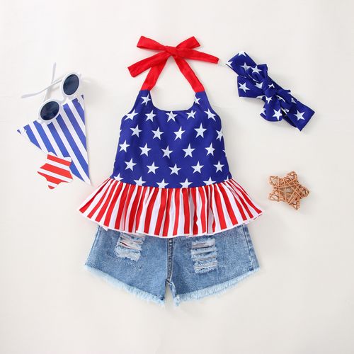 Customer photo review of Toddler Girls Sets Summer Star Print Halterneck Sleeveless Top And Denim Shorts Two-piece Set Independence Day Wholesale Kids Clothing USA