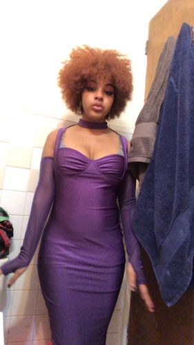 Customer photo review of Low-cut off shoulder mesh sleeve midi dress