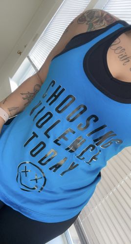 Customer photo review of Salty Savage™ Ladies “CHOOSING VIOLENCE TODAY” Spliced Racerback Tank | Blue/Black