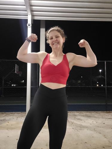 Customer photo review of Salty Savage™ Ladies OG Smile Cinched Peekaboo Sports Bra | Red