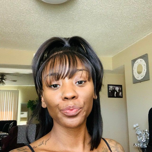 Customer photo review of Women Black Human Hair Lace Front Medium Length Straight Fringe Bangs Wig