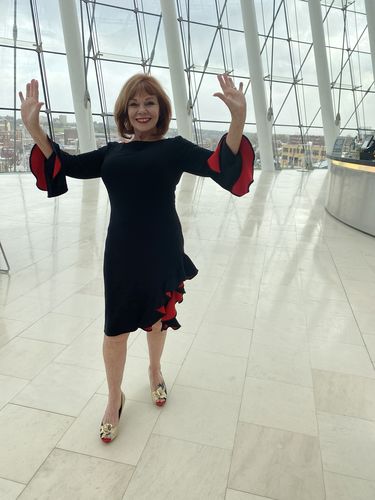 Customer photo review of Joseph Ribkoff Black/Lipstick Red Ruffled 3/4 Sleeve Sheath Dress 213019 NEW