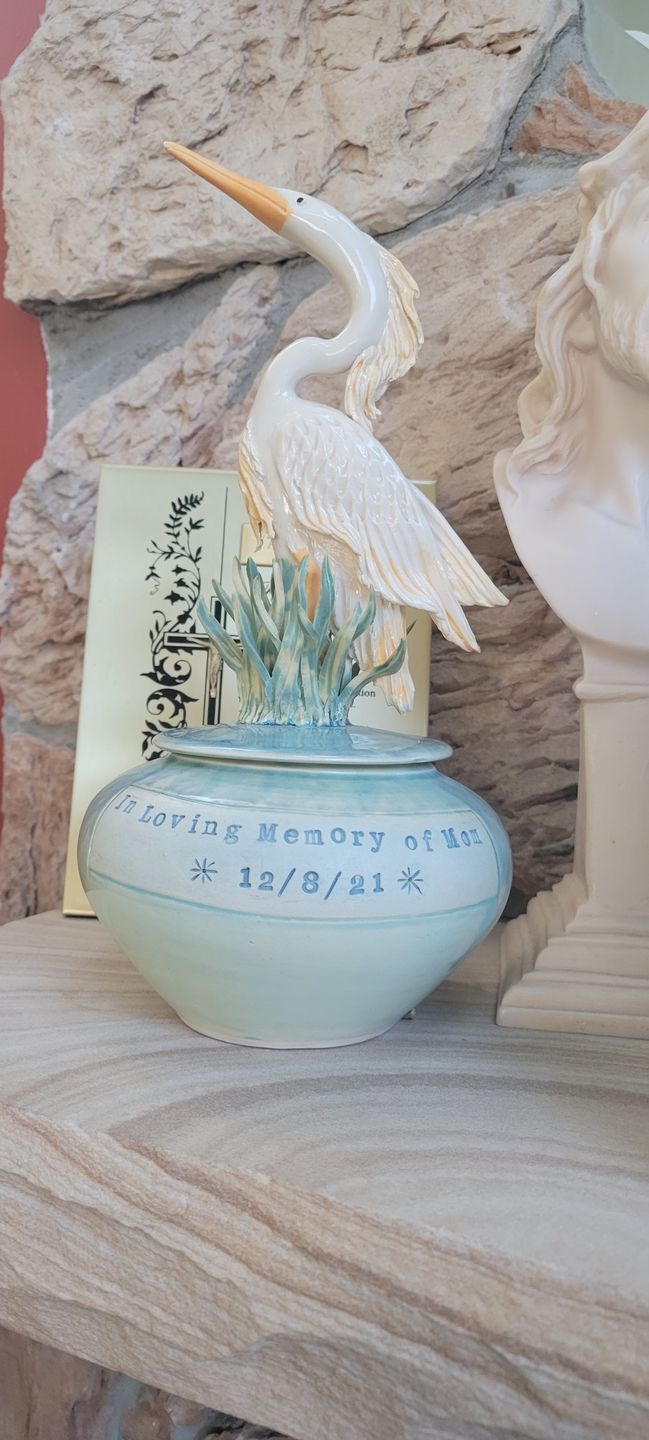 Customer photo review of Handmade Heron Ceramic Urn for Ashes of Loved Ones