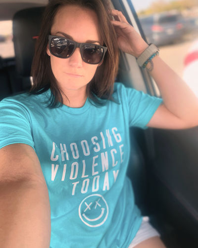 Customer photo review of Salty Savage™ Unisex "CHOOSING VIOLENCE TODAY" Tee | Island Teal/White