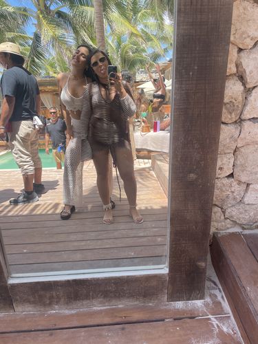 Customer photo review of See through V neck flared sleeve multicolor dress - PRE ORDER