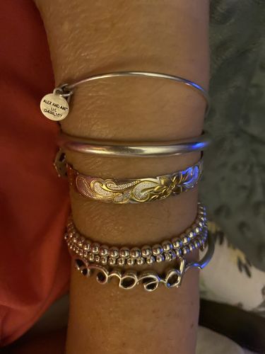 Customer photo review of Sterling Silver Two-Tone Yellow Gold Plated Queen Scroll Cut Out Edge Cuff Bangle
