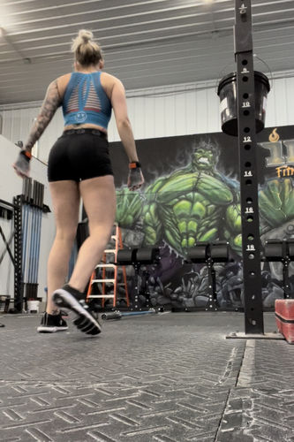 Customer photo review of Salty Savage™ Ladies OG Smile Laser Cut Seamless Sports Bra | Palm Tree Smile Edition | Blue