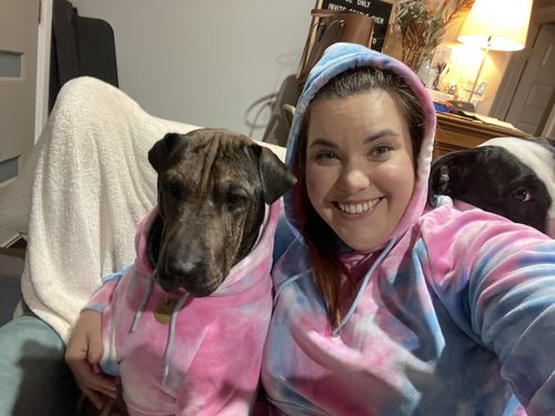 Customer photo review of Pink and Blue Sky Dye Human Matching Hoodie