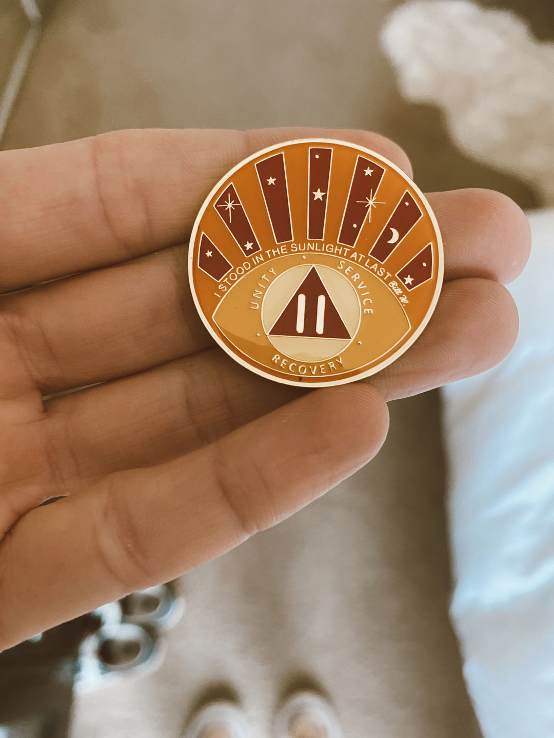 Customer photo review of 1 to 40 Year Stood in the Sunlight Specialty AA Recovery Medallion - Tri-Plated Chip/Coin