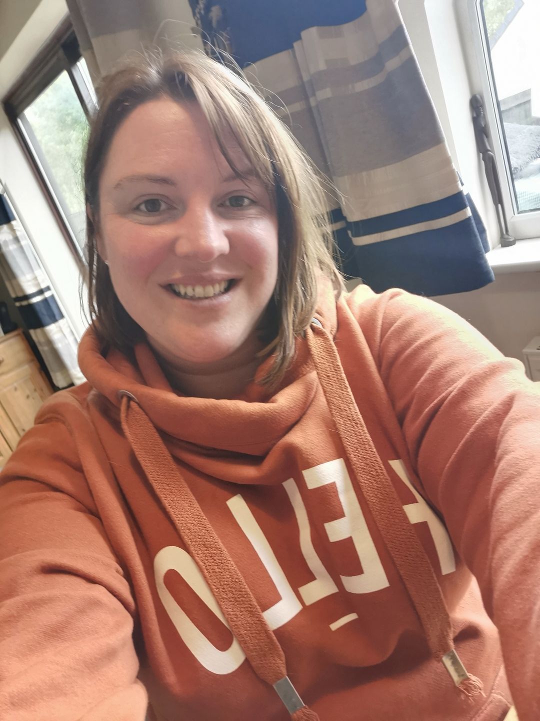 Customer photo review of New: Rust Hello Cowl Neck Hoodie