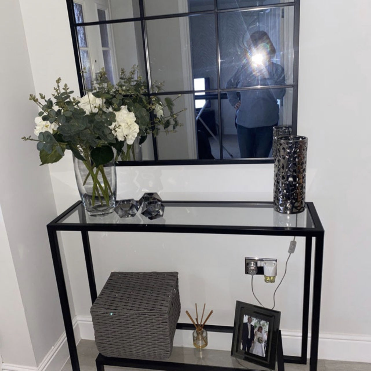 Customer photo review of Glass Metal Console Table Matte Black Frame