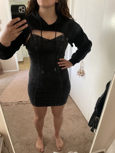 Customer photo review of Off-Shoulder Sleeve Crew Neck Denim Dress