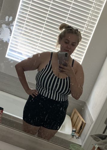 Customer photo review of The Lounger Top | Black & White Stripe
