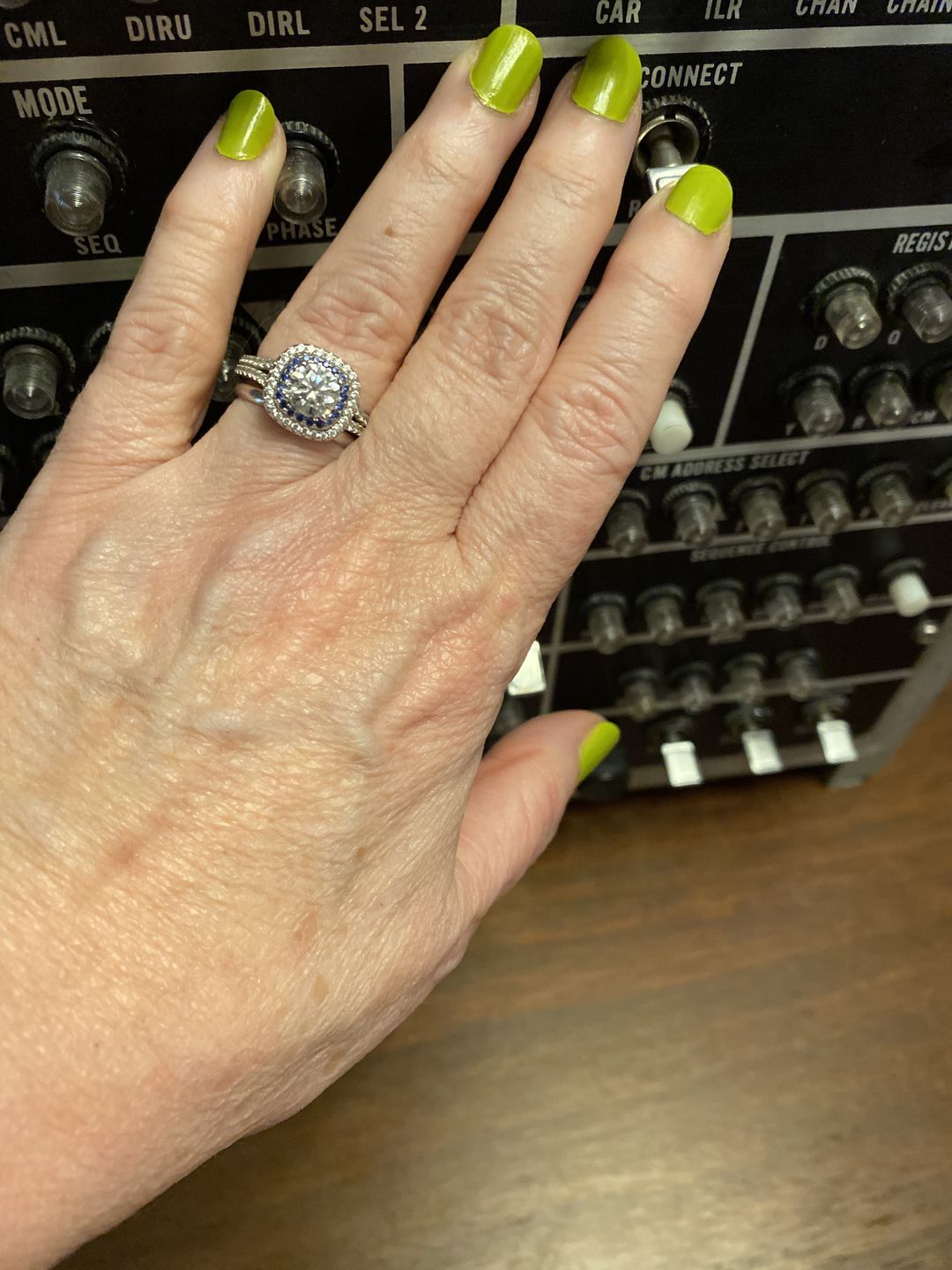 Customer photo review of Double Halo Moissanite Split Shank Pave Engagement Ring
