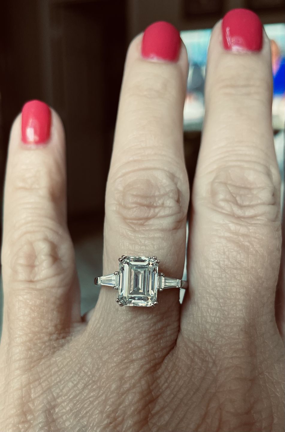 Customer photo review of Three Stone Emerald Cut Moissanite Tapered Baguette Engagement Ring