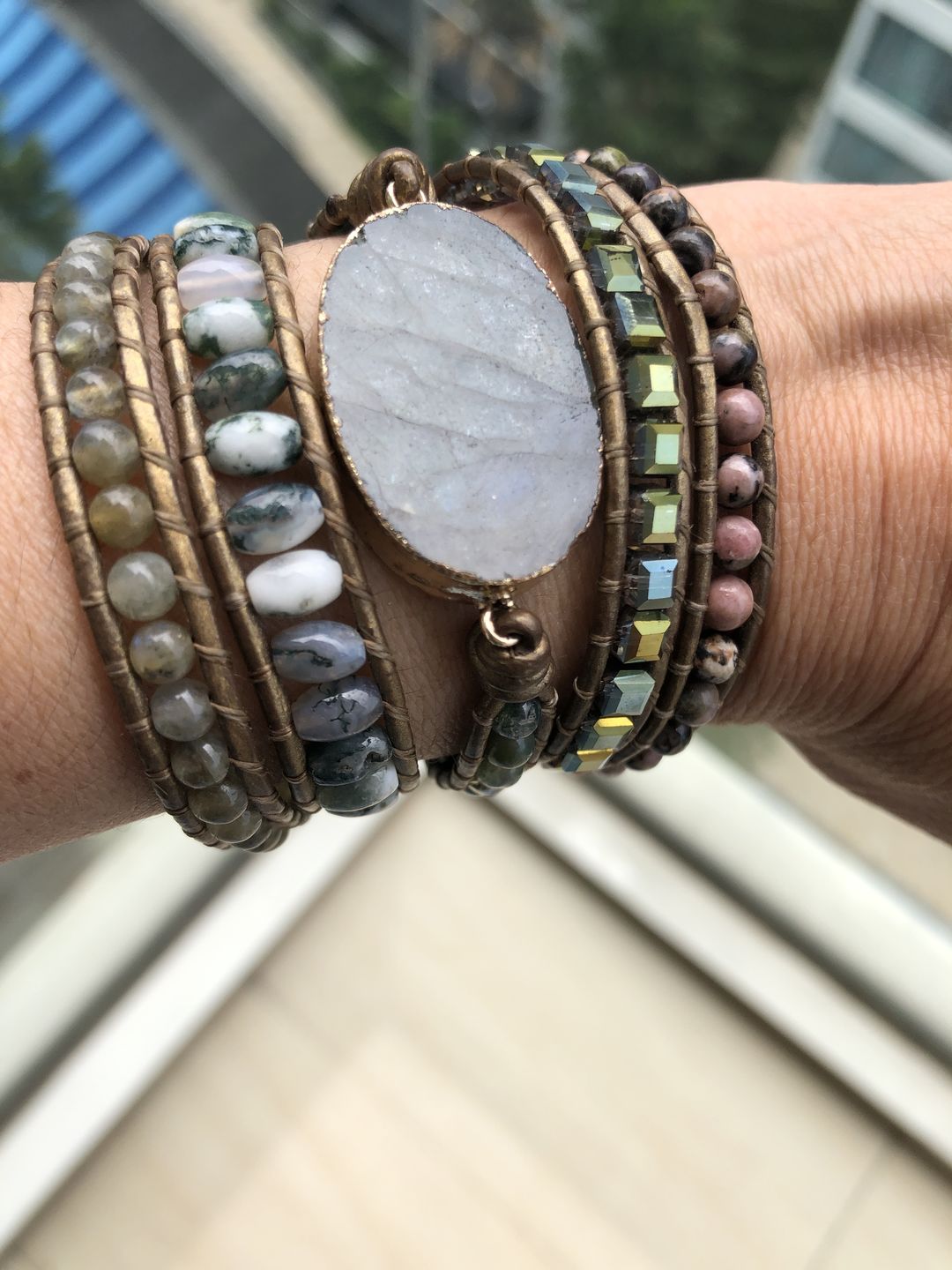 Customer photo review of Natural Labradorite Rhodochrosite & Moss Agate Beaded Wrap Bracelet