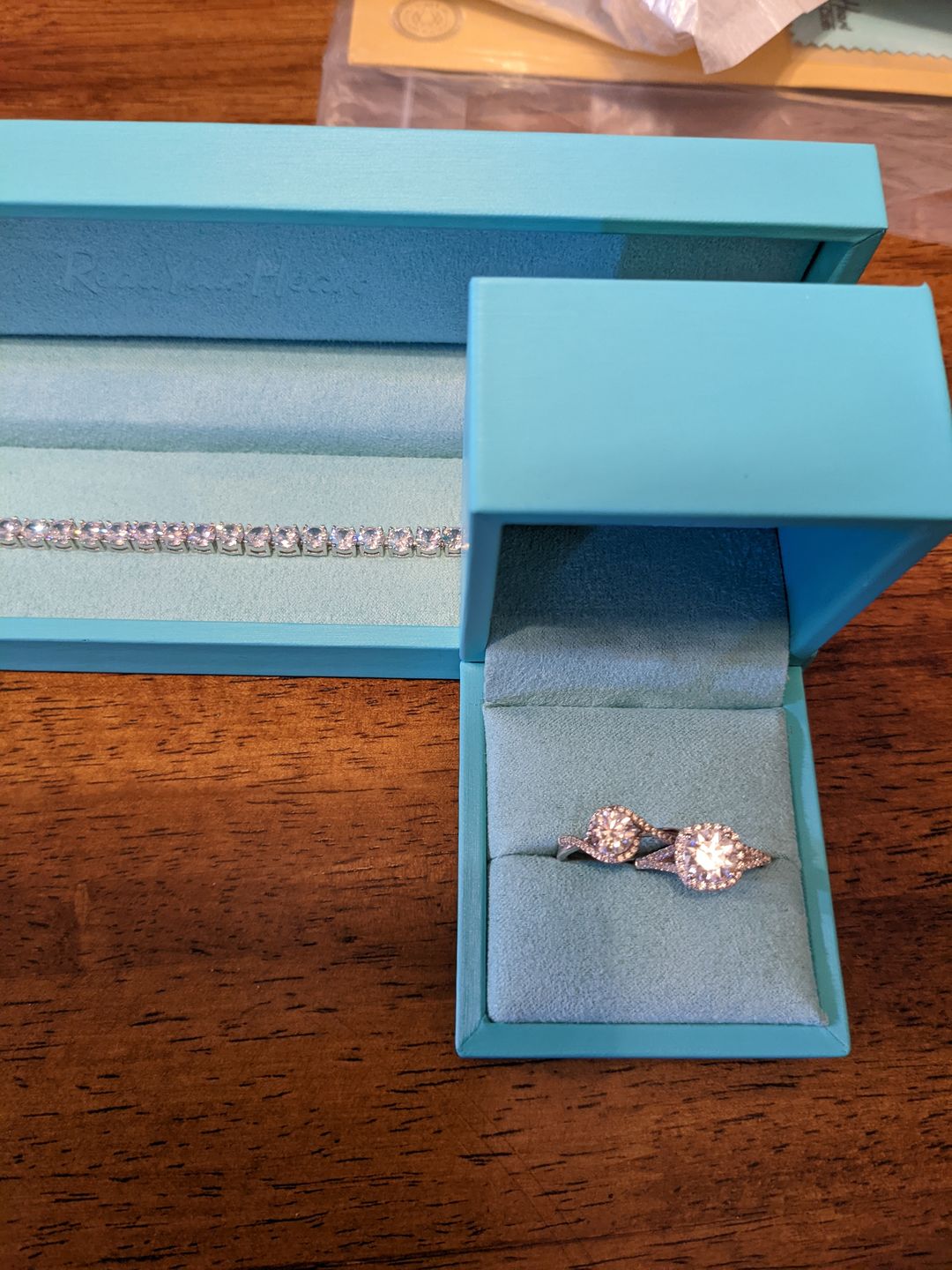 Customer photo review of Moissanite Split Shank Square Halo Pave Sterling Silver Wedding Ring