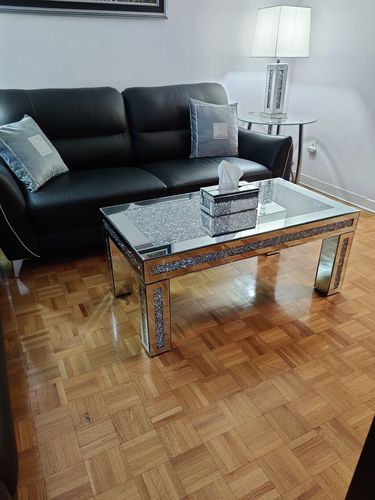 Customer photo review of Elegant Crystal Mirrored Coffee Table (44" x 24" x 18") including shipping