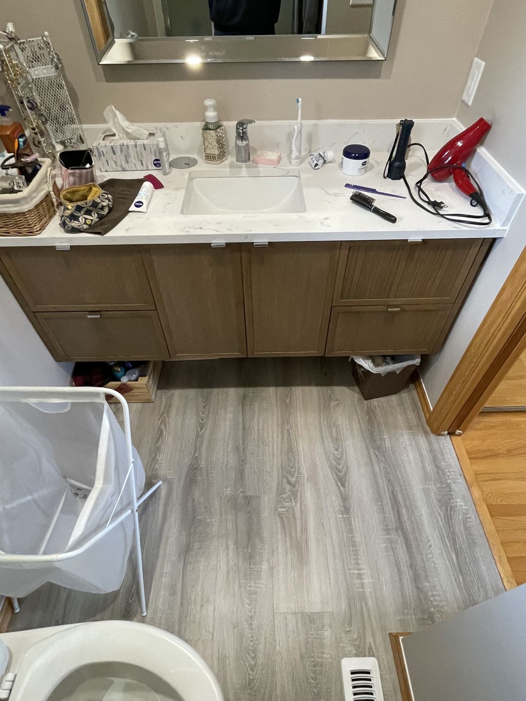 Customer photo review of Cape Breton 48" Wall Mount Mid Century Oak Bathroom Vanity