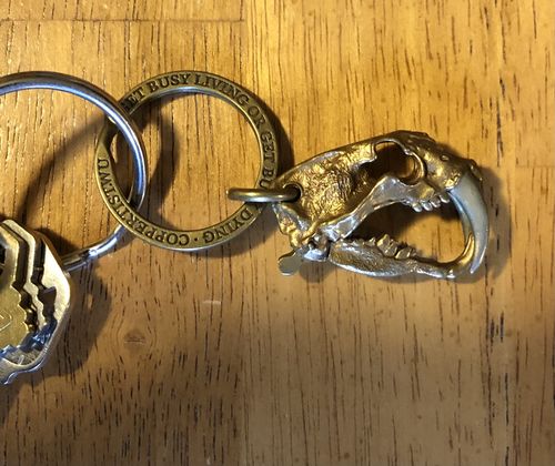 Customer photo review of Saber Toothed Tiger Skull Pendant | Brass Skull & Silver Fangs