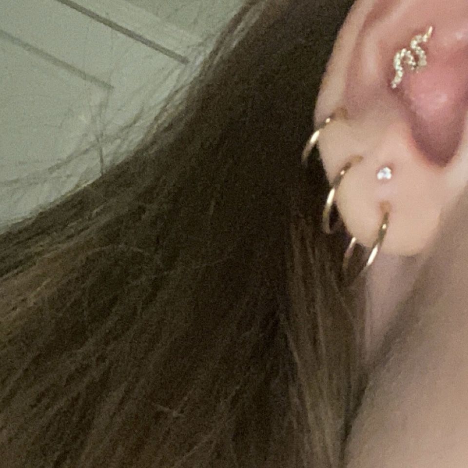 Customer photo review of SET OF 3! 14k Gold Round Endless Hoop Earrings