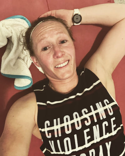 Customer photo review of Salty Savage™ Ladies "CHOOSING VIOLENCE TODAY" Cut Off Sleeveless Muscle Tank | Navy/Red/White Stripes