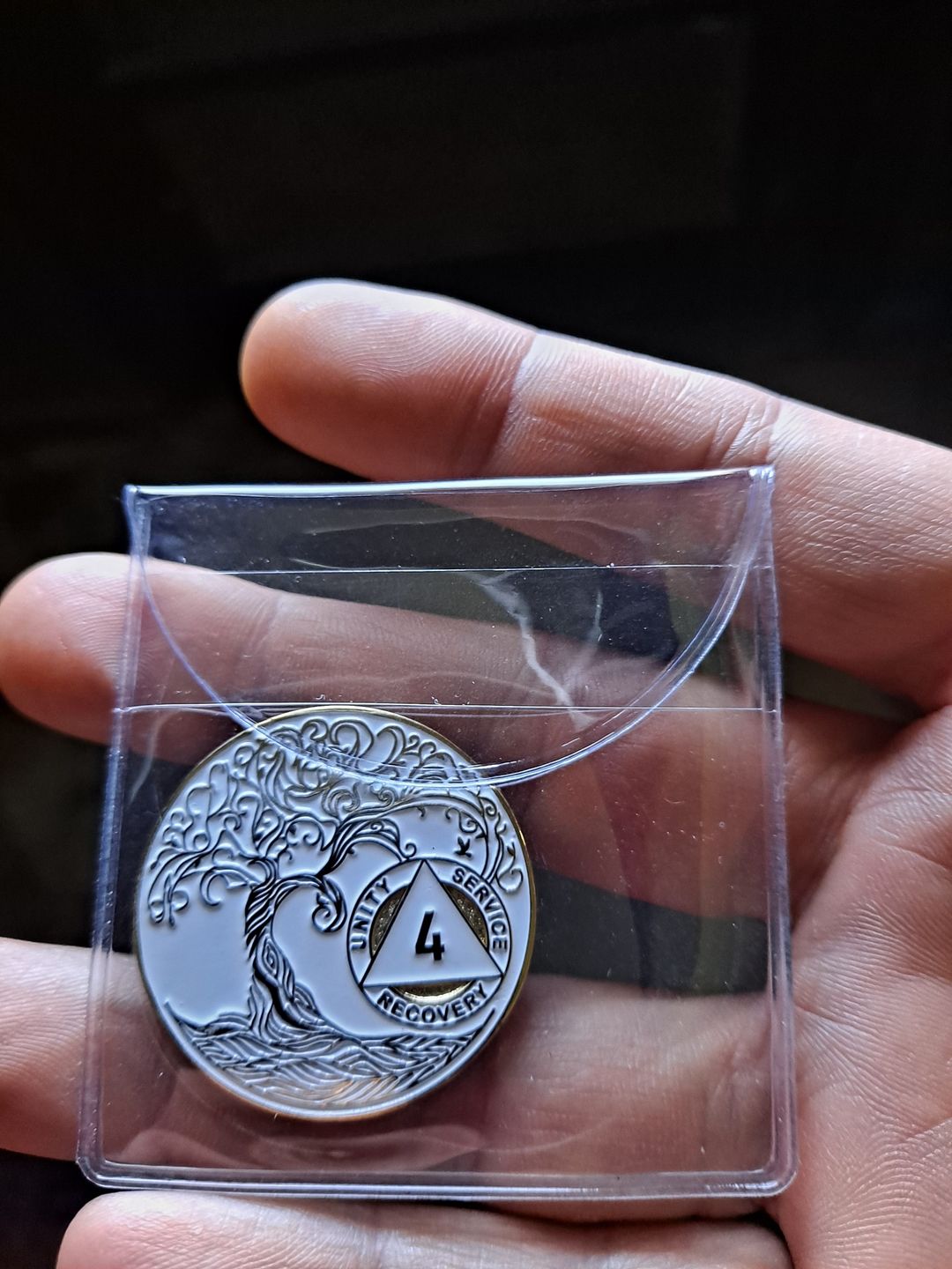 Customer photo review of 4 Year Sobriety Mint Twisted Tree of Life Gold Plated AA Recovery Medallion - Four Year Chip/Coin - White