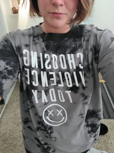 Customer photo review of Salty Savage™ Unisex “CHOOSING VIOLENCE TODAY” Oversized Tall Crew Tee | Black/Gray Tie Dye