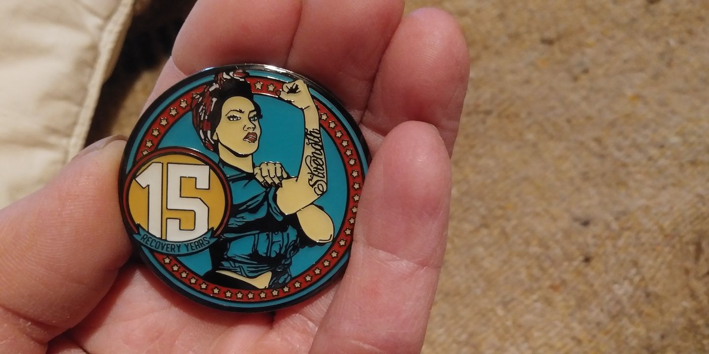 Customer photo review of 1 to 50 Year Rosie Recovery Strength AA/NA Medallions - Tri-Plate Chips/Coins