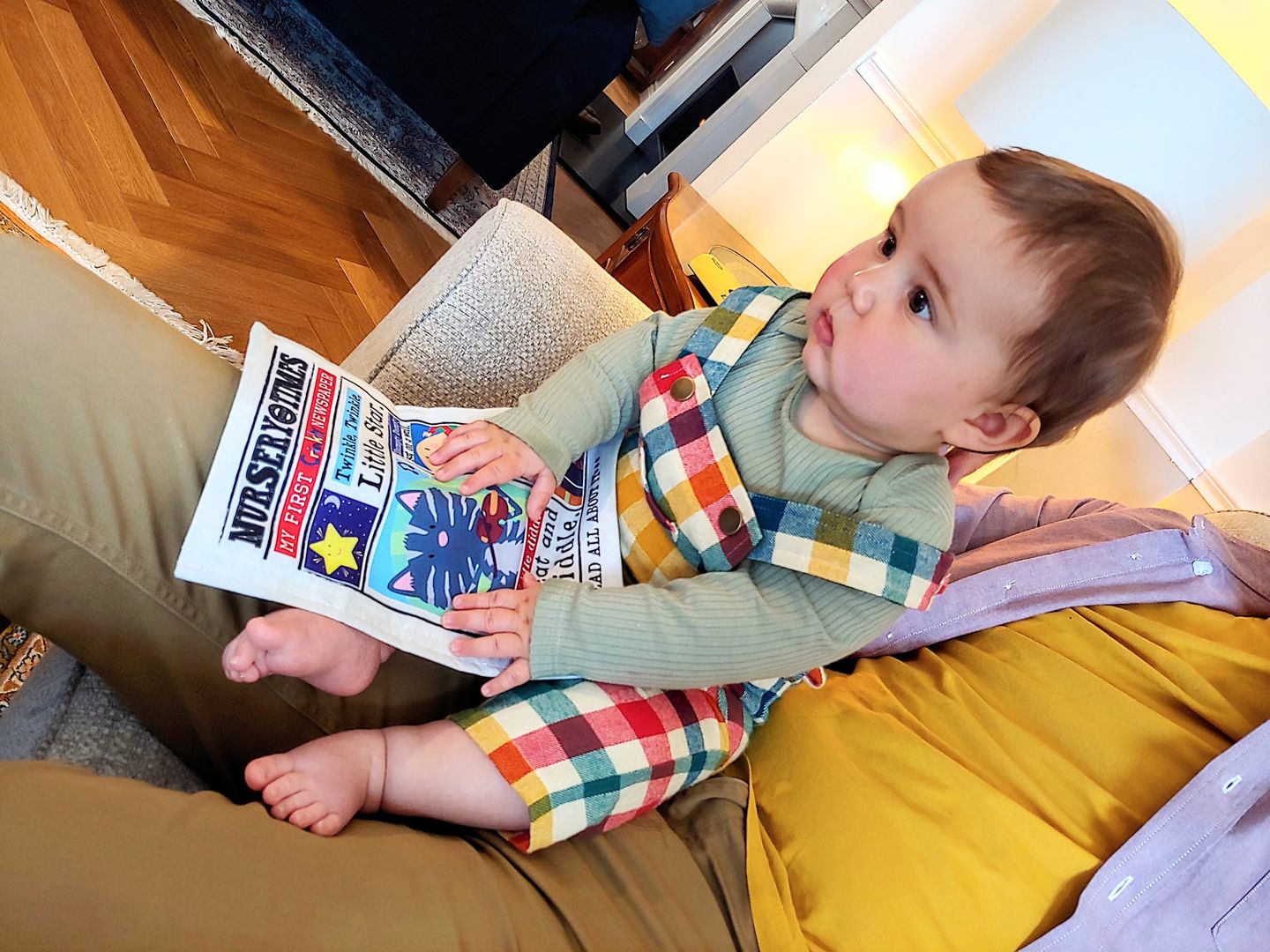 Customer photo review of Autumn Rainbow Check Classic Dungarees