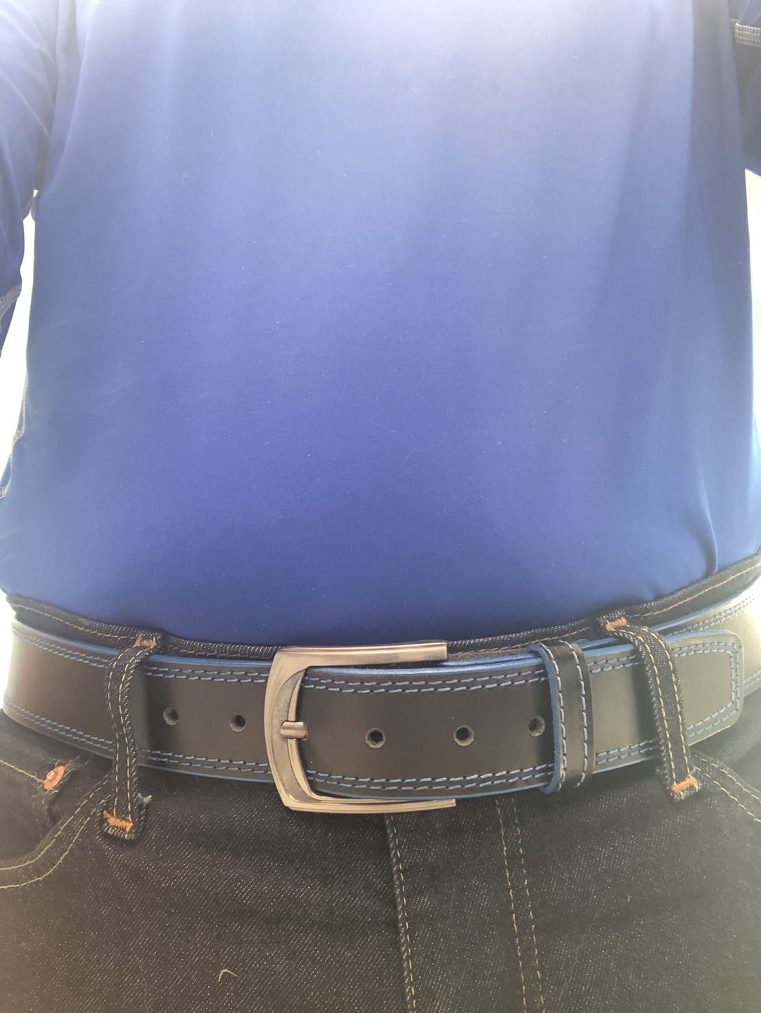 Customer photo review of The Poseidon Belt - Black Full Grain Leather Belt with Blue Stitches