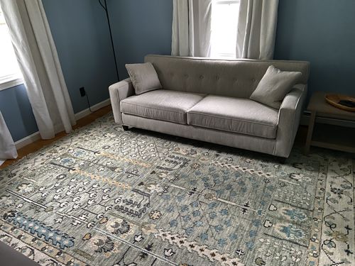 Customer photo review of 5x8, 6x9, 8x10, 9x12, 10x14, 12x15 Wool Hand Knotted Traditional Blue and Ivory Vintage Persian Wool Area Rug | TRDCP563810