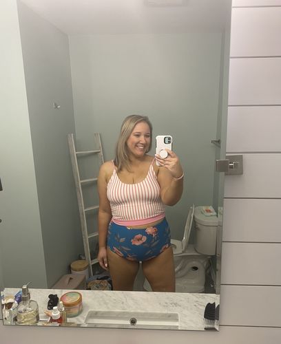 Customer photo review of The Lounger Top | Pink & White Stripes