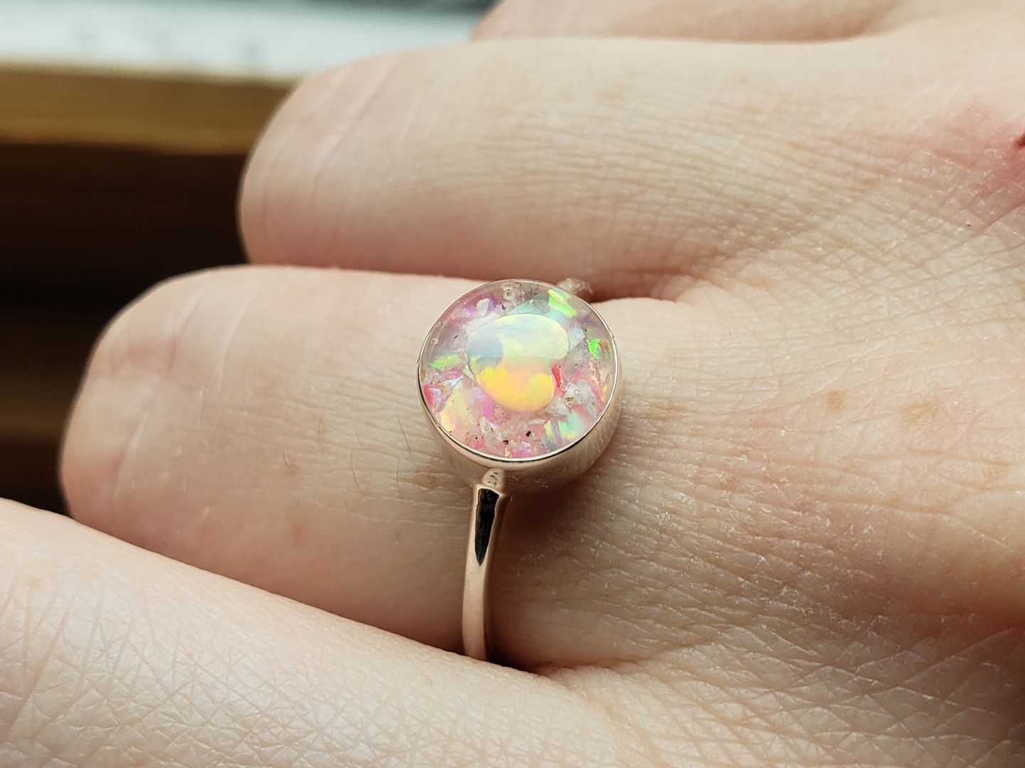 Customer photo review of Opal Heart Ring with Cremation Ashes