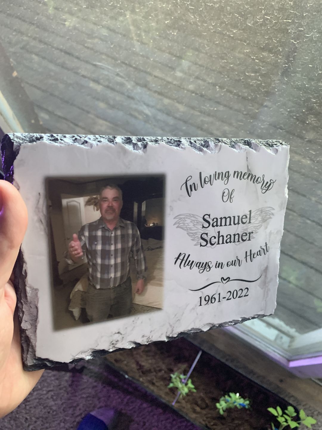 Customer photo review of In Loving Memory Memorial plaque, Personalized Loss of loved one, Sympathy Gift, Rest in peace, Photo Slate plaque, Remembrance, Celebration of life gift