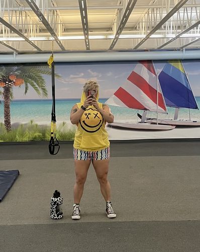 Customer photo review of Salty Savage™ OG Spliced Palm Smile Sleeveless Racerback Muscle Tank Hoodie | Yellow