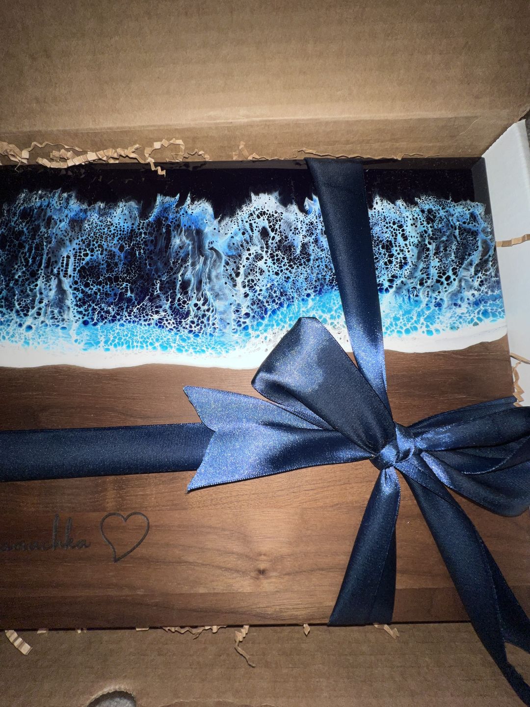 Customer photo review of Large Walnut Wood Cutting Board with Resin Ocean Wave Art
