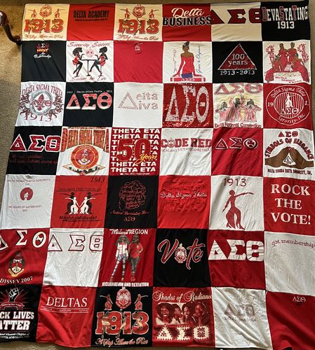 T-shirt quilt with sorority life, civic engagement themes by Sara from OH