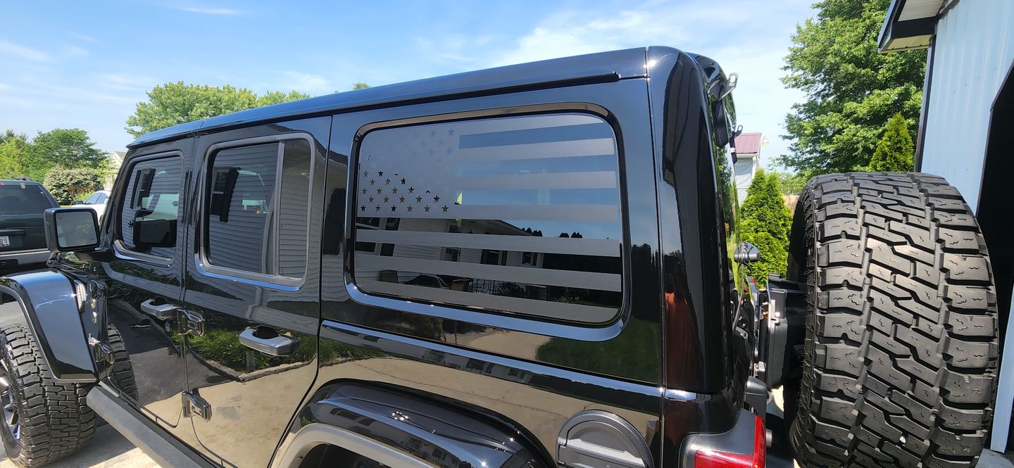 Customer photo review of American Flag Window Graphic for Wrangler JLU 4-door | Set of 2