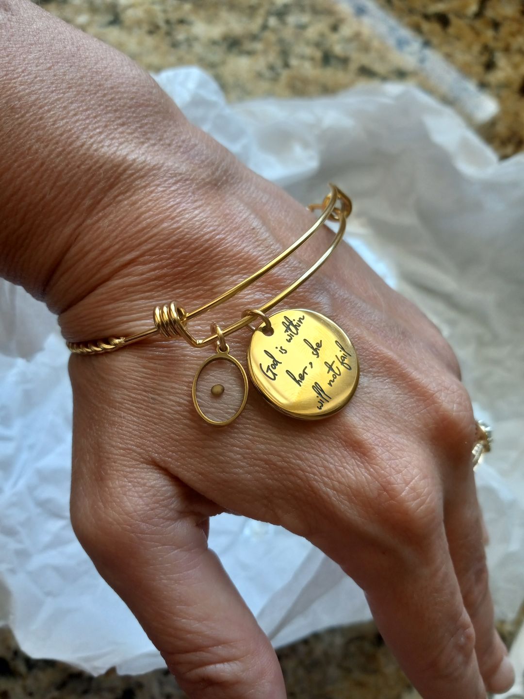 Customer photo review of God is Within Her, She Will Not Fail Bracelet
